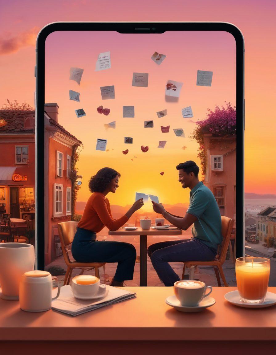 A collage depicting modern courtship elements: a cozy café scene with a couple laughing over coffee, a smartphone showing a dating app interface, love letters floating in the air, and a sunset background symbolizing romance. Include diverse characters to represent inclusivity. Warm, inviting colors. vibrant colors. 3D.