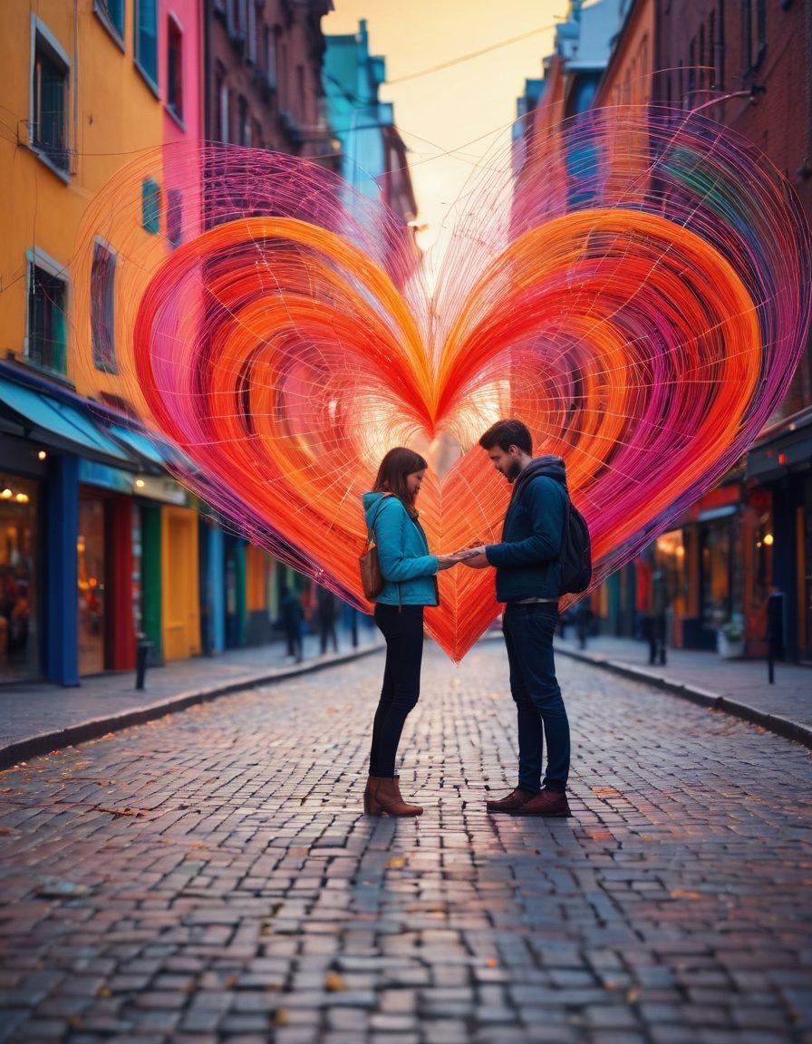 An abstract representation of two individuals connecting through a vibrant web of colorful threads, symbolizing modern courtship and casual encounters. Include elements like heart shapes, smartphones, and urban landscapes in the background. The scene should convey a sense of warmth and intimacy with a hint of modern technology. Use vibrant colors and soft focus to enhance the emotional depth. vibrant colors. soft focus. digital art.