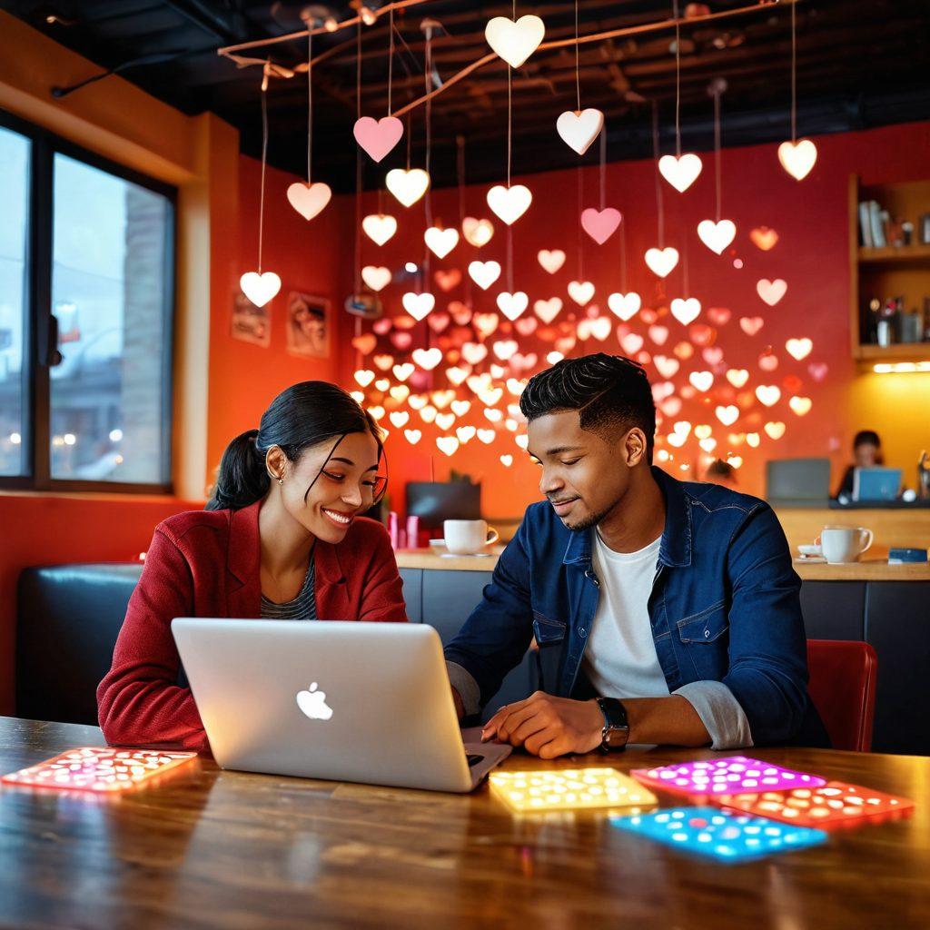 A romantic scene featuring a diverse couple sitting together with laptops open, surrounded by digital love icons like hearts and messages floating in the air. The background depicts a cozy, modern café setting with soft lighting and colorful decor, reflecting the warmth of online connections. Capture the essence of companionship and technology intertwining. vibrant colors. contemporary art. soft focus.